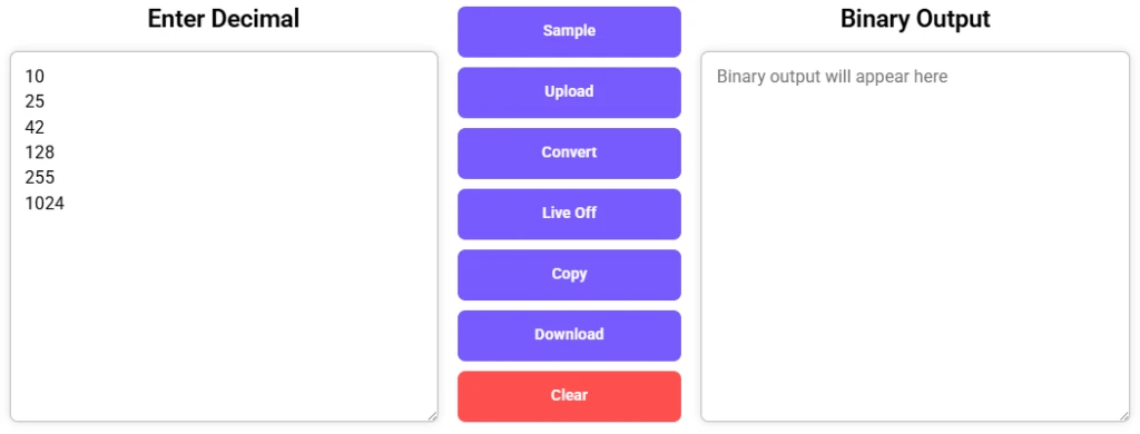Tool interface for converting decimal to binary with input and output sections