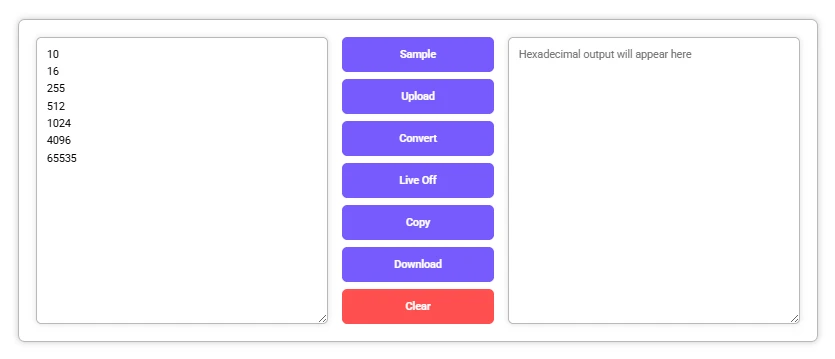 Tool showing decimal input and empty hexadecimal output field.