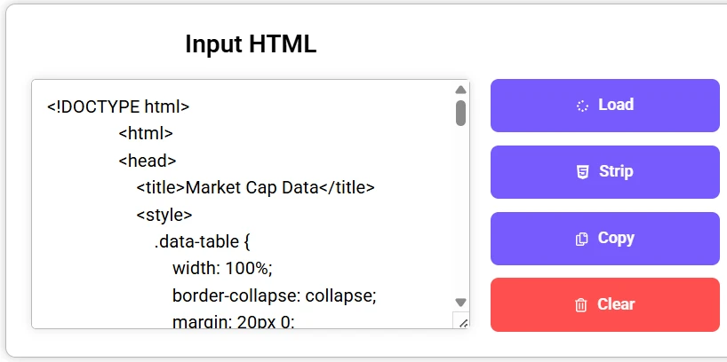 HTML input panel with a code editor showing sample HTML code