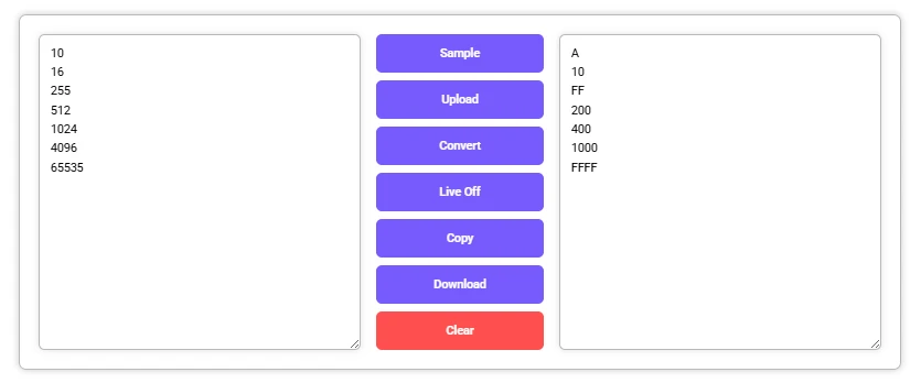 Tool showing decimal numbers converted to hexadecimal values like A, FF, and FFFF.