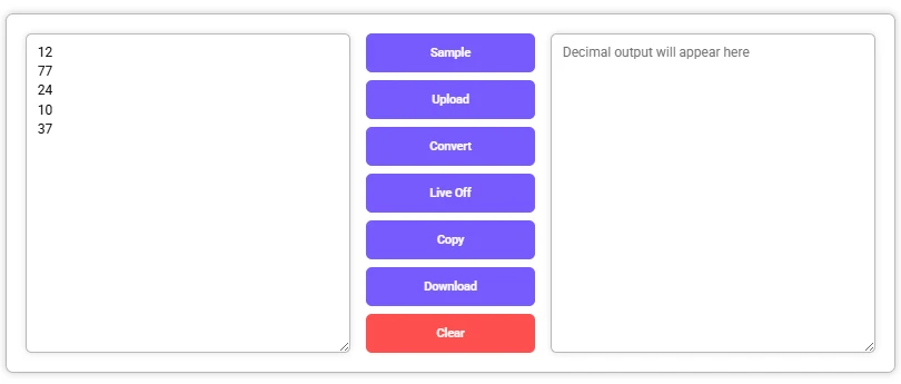 Octal to Decimal Converter with input values, output area, and control buttons