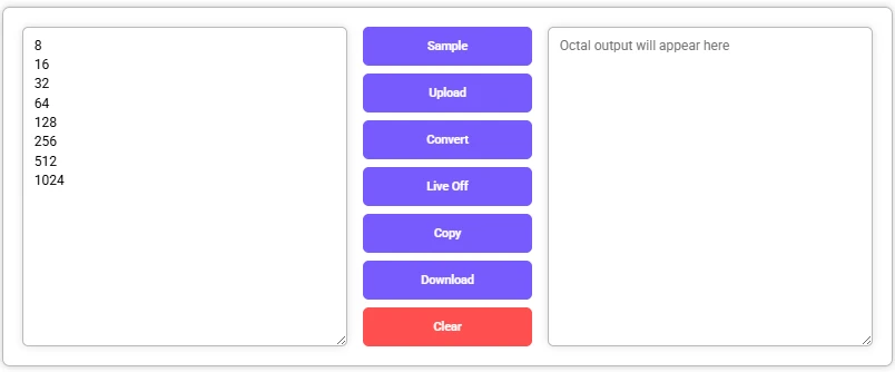 Decimal to Octal Converter tool with input and empty output fields.