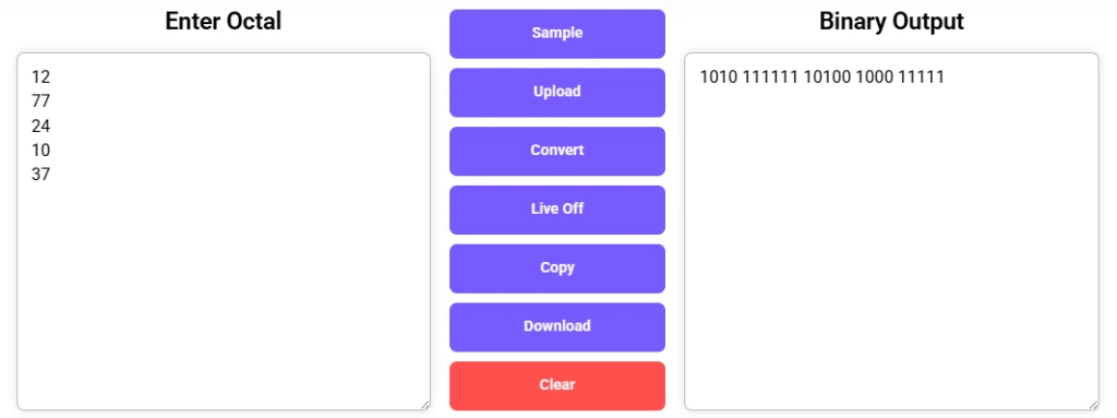Octal to Binary Converter showing input values and converted binary results.