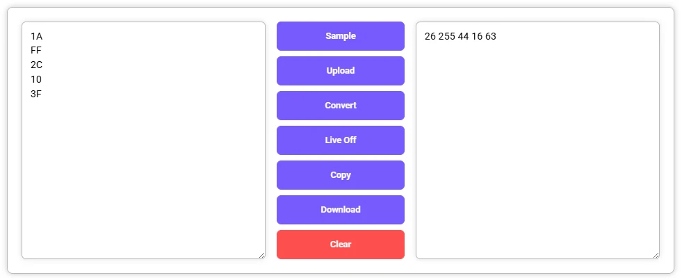 Hex to Decimal Converter showing converted decimal results