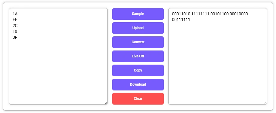 Hex to Binary Converter showing binary outputs for the entered hex values.