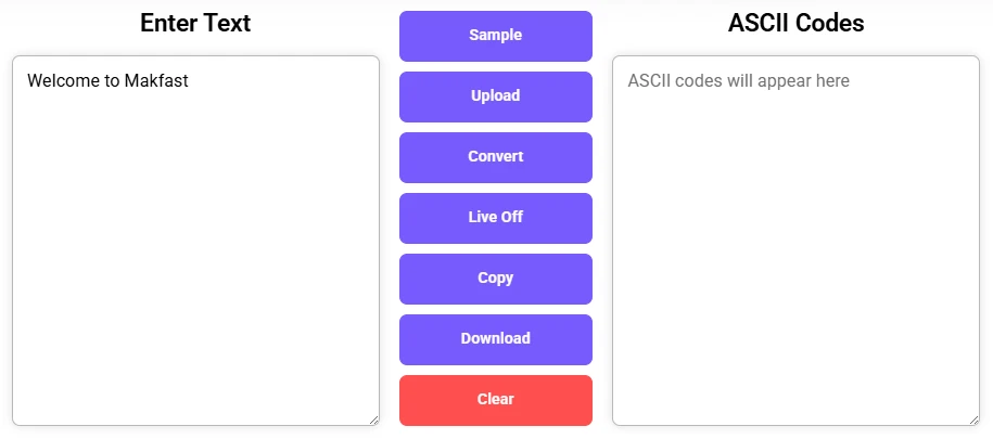 Character to ASCII Converter with input values and empty ASCII code