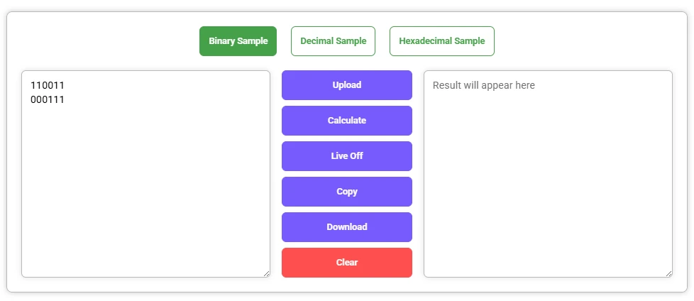 Binary calculator interface with two input binary numbers and an empty result area.