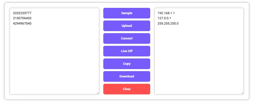 Decimal to IP converter displaying decimal inputs and their corresponding IP addresses, including 192.168.1.1 and 127.0.0.1.