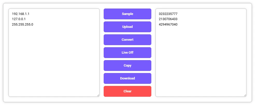 IP to Decimal Converter showing decimal equivalents of input IP