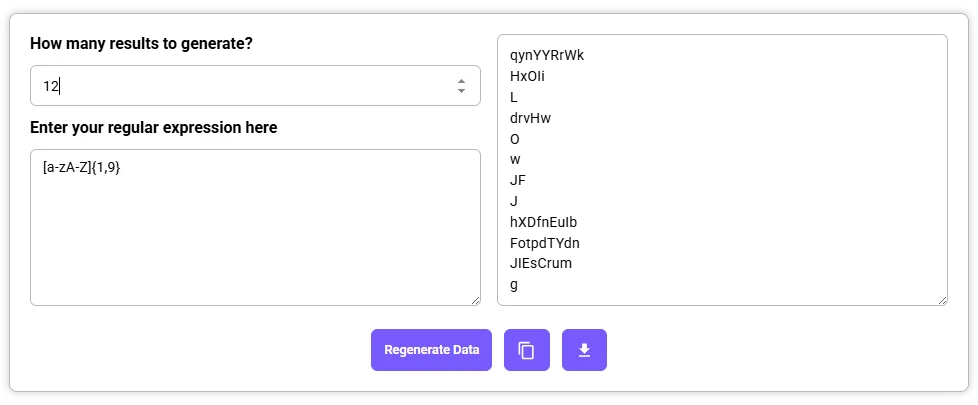Random Data Generator generating 12 results using a custom regex pattern with output displayed on the right.