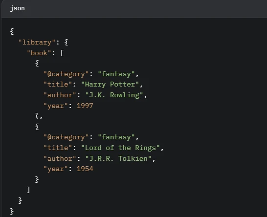 JSON with two fantasy books: "Harry Potter" and "Lord of the Rings"