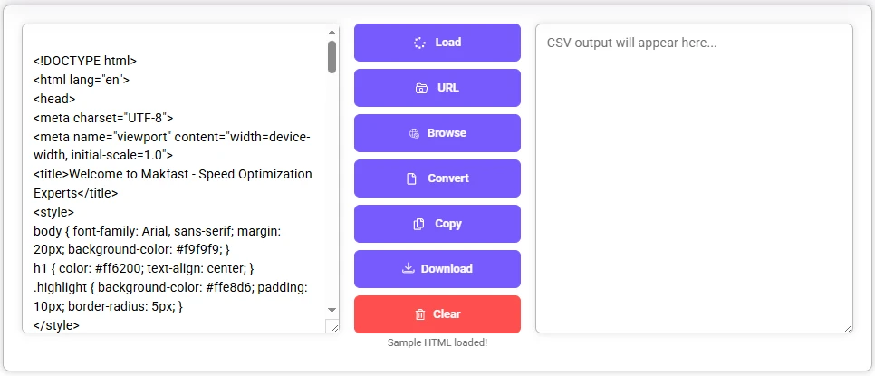 Html to Csv Converter Converter tool interface with left panel displays HTML input