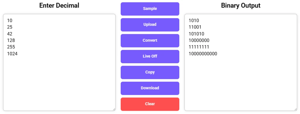 Tool showing decimal inputs and their binary outputs side by side.