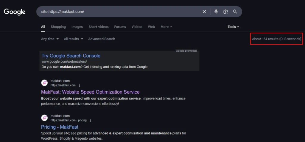 Site Search Query on Google for Makfast website
