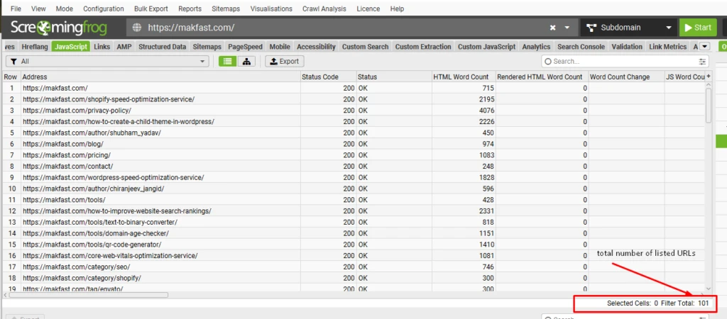 Screamingfog showing data for MakFast