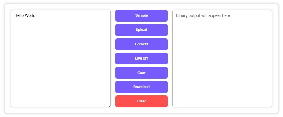 Interface showing the text “Hello World!” on the left and its binary equivalent on the right.