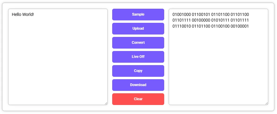 Text-to-binary converter showing "Hello World!" converted to binary.