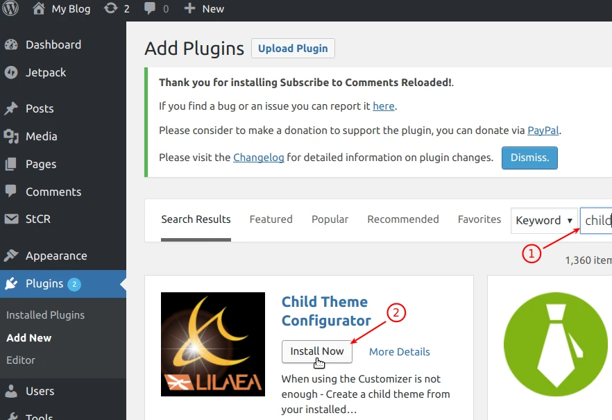 Installing the Child Theme Configurator plugin in WordPress.