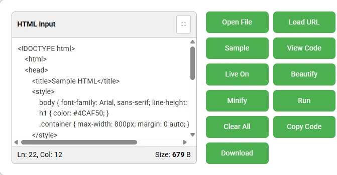 HTML Viewer input panel with editable HTML code and action buttons like Run, Beautify, and Minify.