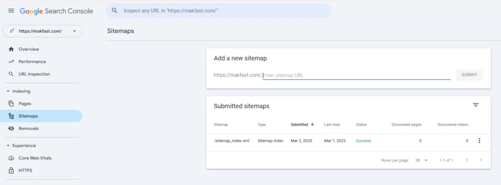 Google Search Console's Sitemaps section for makfast.com