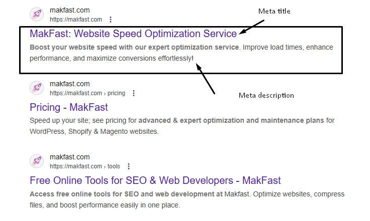 Google search result snippet highlighting the meta title and the meta description