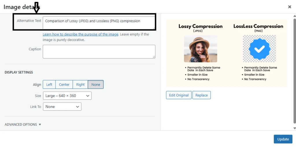 WordPress image settings showing the alternative text field