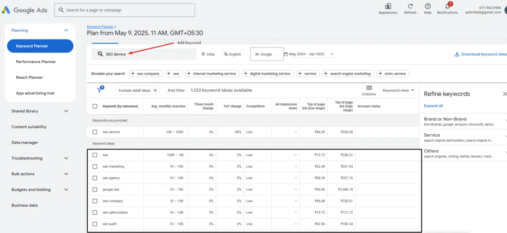 Google Ads Keyword Planner showing SEO-related keywords, search volumes, competition, and CPC data