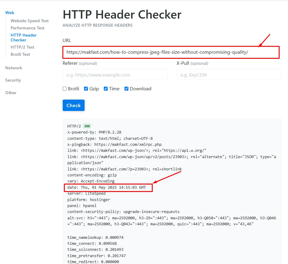 HTTP Header Checker tool showing the response headers for a URL