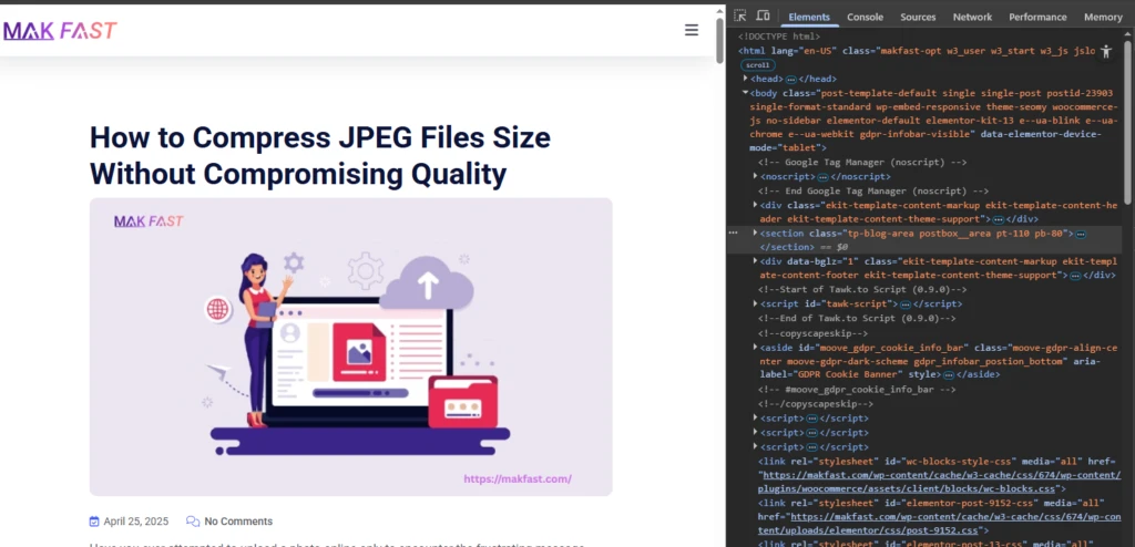 blog post on the MAK FAST website and left side shows the blog post preview, and the right side shows browser developer tools with HTML code
