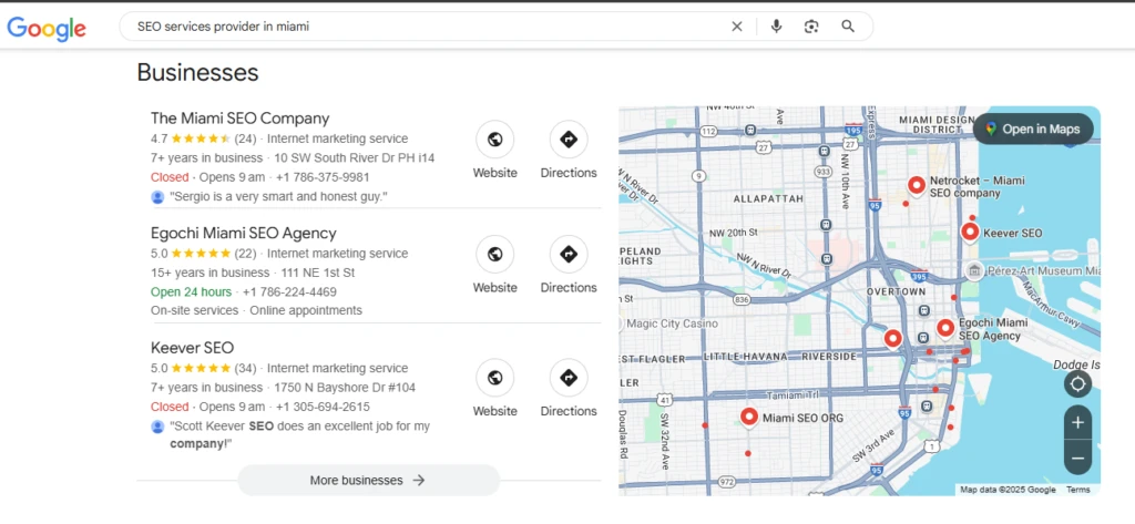 Google search result for "SEO service provider in Miami"