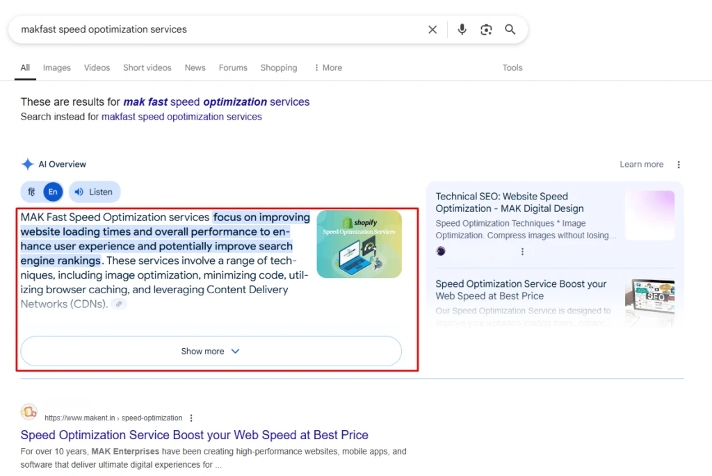 Google search result for "makfast speed optimization services" showing a snippet